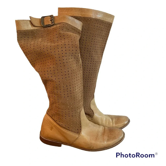 Frye perforated boots suede calf tan riding boots 9.5 - Picture 1 of 6